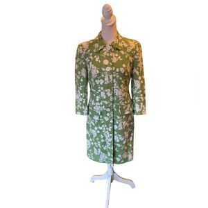Loft By Ann Taylor Green Floral Linen Blend Trench Coat Pockets Womens Size 2
